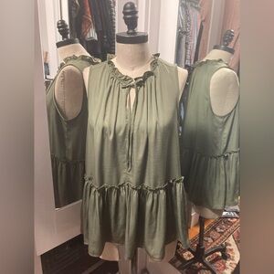 Loft Olive Green Sleeveless Peplum Ruffle Top with Tie, Size Large